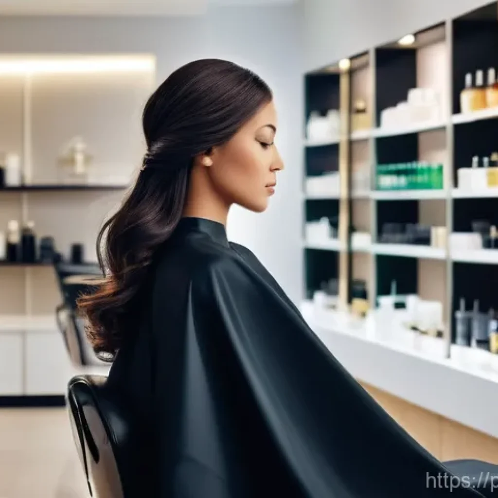 헤어컷 비용 - **Prompt:** "A serene scene inside a luxurious, modern hair salon. A female client, appearing relaxe...