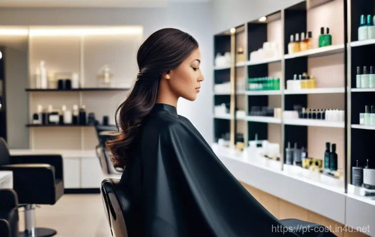 헤어컷 비용 - **Prompt:** "A serene scene inside a luxurious, modern hair salon. A female client, appearing relaxe...