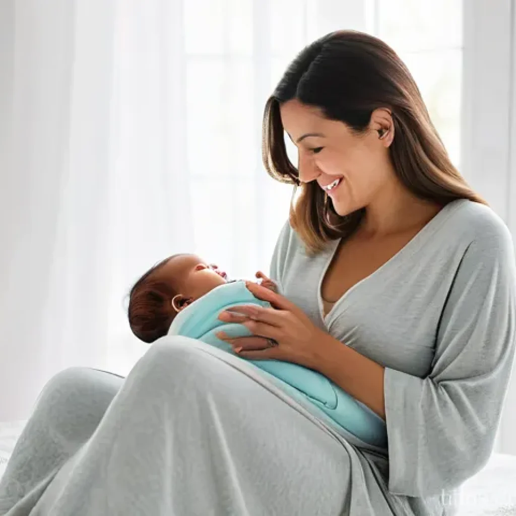 산후조리원 비용 - **"A serene and intimate portrait of a new mother in her late 20s or early 30s, gently cradling her ...