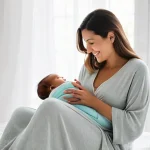 Home 6 산후조리원 비용 - **"A serene and intimate portrait of a new mother in her late 20s or early 30s, gently cradling her ...