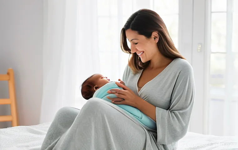 산후조리원 비용 - **"A serene and intimate portrait of a new mother in her late 20s or early 30s, gently cradling her ...