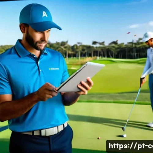 골프 레슨 비용 - A modern golf training facility located in a sunny Brazilian metropolitan area, showcasing a well-ma...