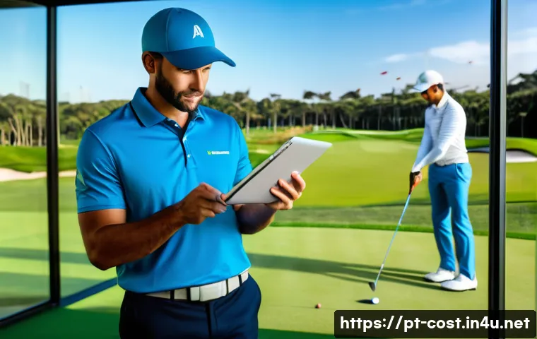 골프 레슨 비용 - A modern golf training facility located in a sunny Brazilian metropolitan area, showcasing a well-ma...