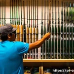 낚시 장비 비용 - A detailed scene of a fishing enthusiast selecting fishing rods at a specialized outdoor store in Br...