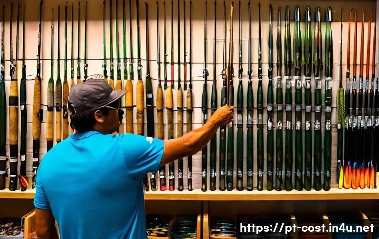 낚시 장비 비용 - A detailed scene of a fishing enthusiast selecting fishing rods at a specialized outdoor store in Br...