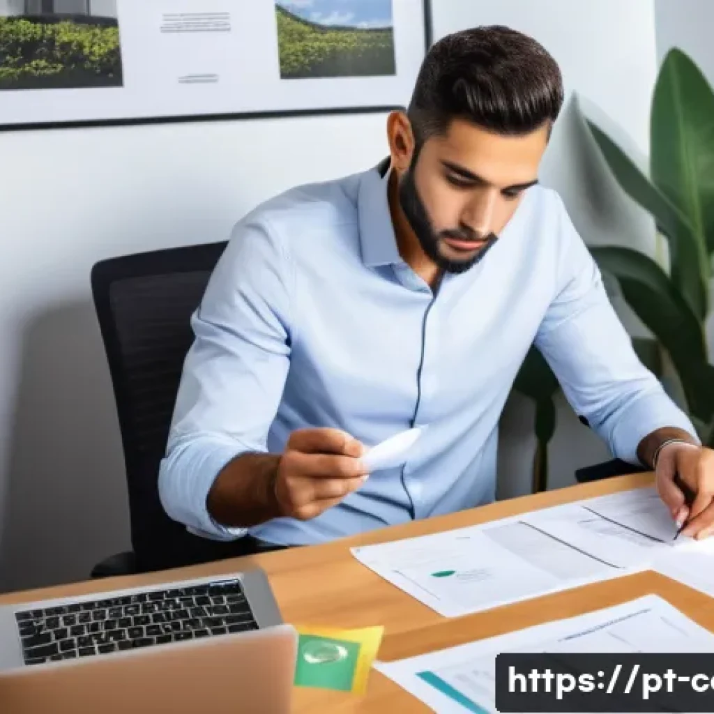 사업자 등록비용 - A detailed office scene showing a Brazilian entrepreneur at a desk surrounded by paperwork and a lap...