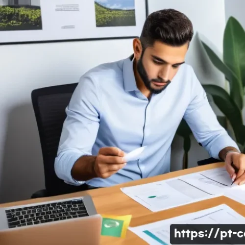 사업자 등록비용 - A detailed office scene showing a Brazilian entrepreneur at a desk surrounded by paperwork and a lap...