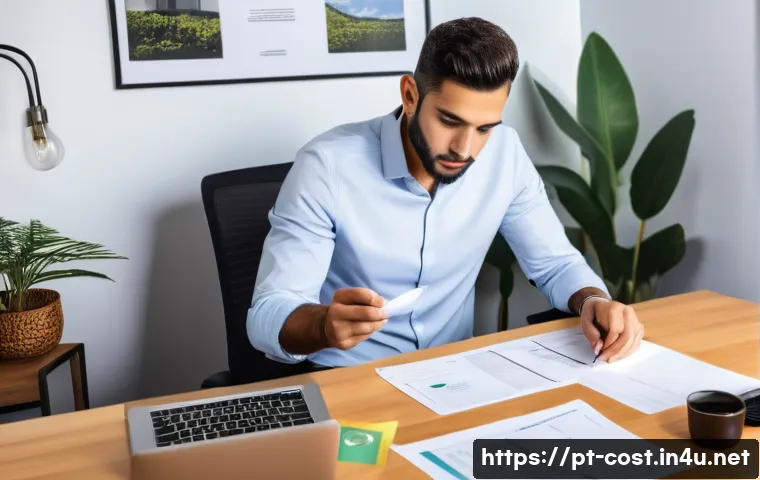 사업자 등록비용 - A detailed office scene showing a Brazilian entrepreneur at a desk surrounded by paperwork and a lap...