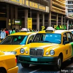 택시비 평균 - A busy São Paulo street scene during the evening with yellow and green traditional taxis lined up at...