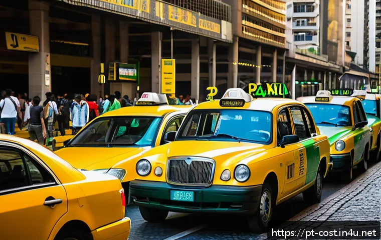 택시비 평균 - A busy São Paulo street scene during the evening with yellow and green traditional taxis lined up at...