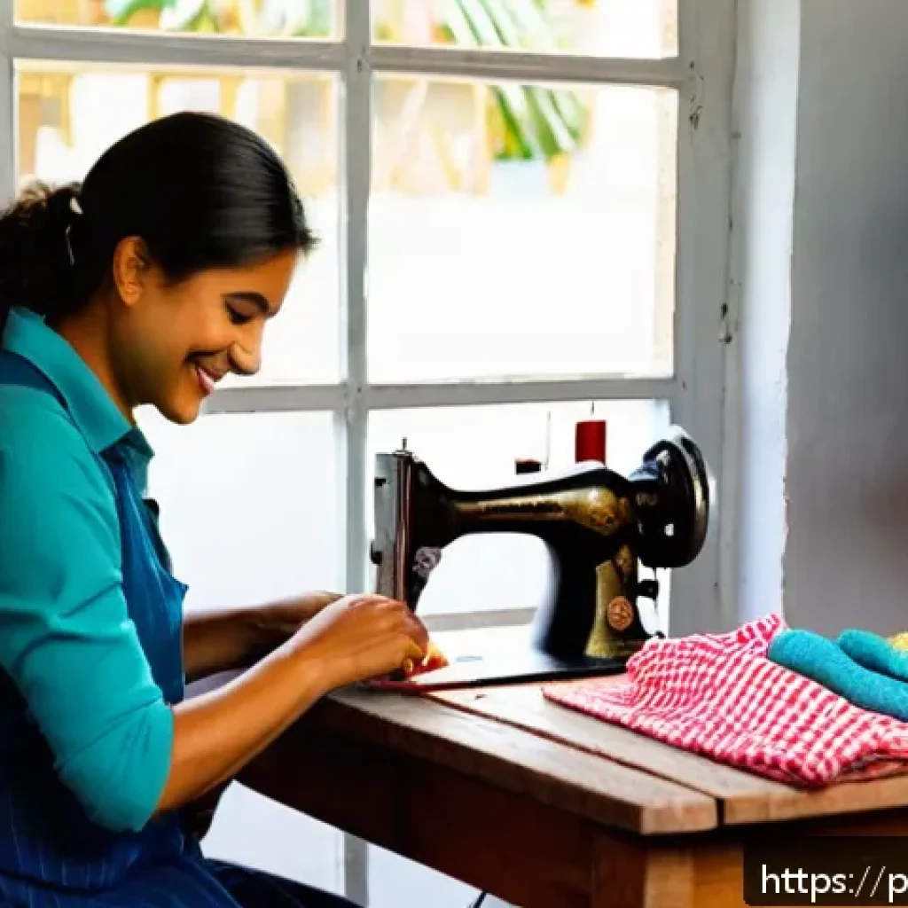 의류 수선비용 - A cozy tailor's workshop in Brazil, warmly lit with natural sunlight filtering through a window, sho...