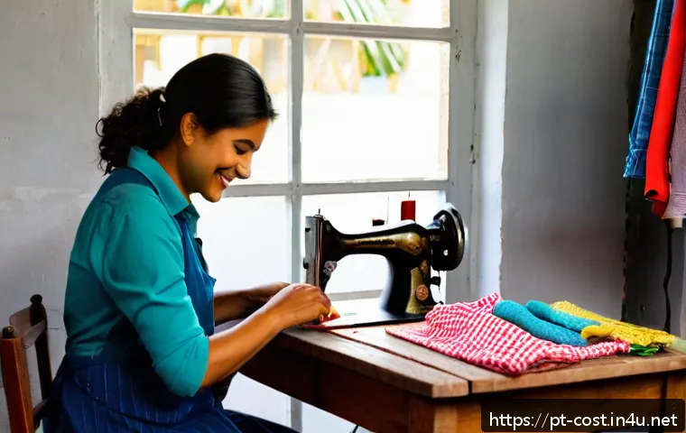 의류 수선비용 - A cozy tailor's workshop in Brazil, warmly lit with natural sunlight filtering through a window, sho...