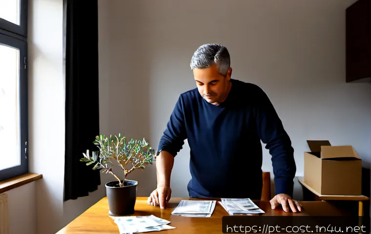Home 17 이사 비용 - Photorealistic moving cost planning scene in a bright Portuguese apartment, a middle-aged couple at ...