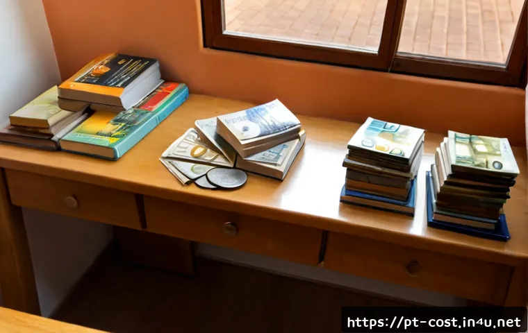 중고책 구매비 - Photorealistic overhead view of a neatly organized home desk in Portugal, a young adult comparing se...