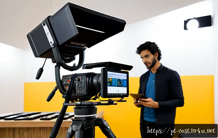 Home 30 방송장비 렌탈비 - Photorealistic Brazilian audiovisual rental studio, neatly arranged professional video camera, tripo...